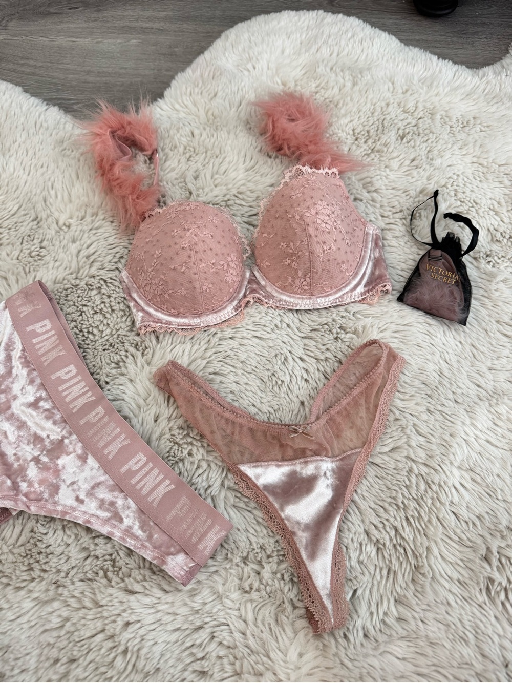 PINK Victoria's Secret Blush Velvet & Lace Embellished Bra Set